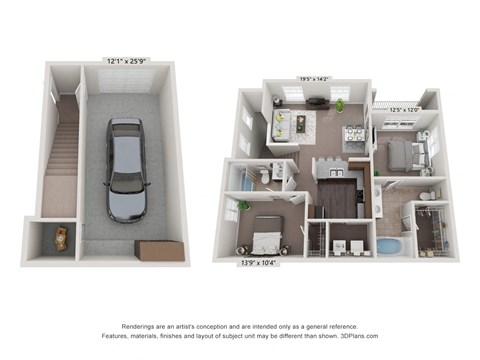 Floor plan for 2 beds, 2 baths, 1072 sqft